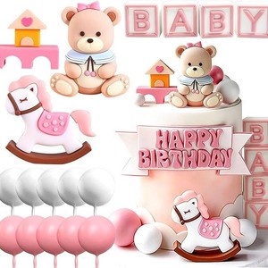 Set <span class=keywords><strong>de</strong></span> 17 Piezas para Decoración <span class=keywords><strong>de</strong></span> Pastel <span class=keywords><strong>de</strong></span> Cumpleaños <span class=keywords><strong>de</strong></span> Bebé Rosa, Precio <span class=keywords><strong>de</strong></span> Fábrica, con Osito <span class=keywords><strong>de</strong></span> Peluche, Caballito Balancín, Bloques, Pancarta y Nubes, Artículos para Fiesta - Product Image 1