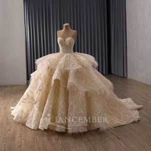 251149 Vintage Champagne Ruffle <b>Sequined</b> Crystal Lace Appliques Embroidery Ball Gown Evening Party Chapel Train Pearls Beading - Product Image 3