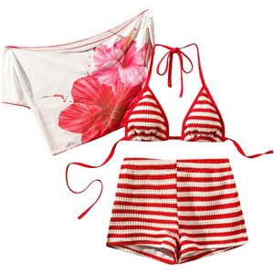 FOXA Women's 3 Piece <b>Bikini</b> Set Striped Triangle <b>Boyshort</b> High Waisted Swimwear With Drawstring Halter Top - Product Image 1