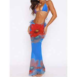 Conjunto de bikini floral de 3 piezas para mujer FOXA, traje de baño con cuello halter y falda de malla, elástico, de poliéster y spandex - Product Image 5
