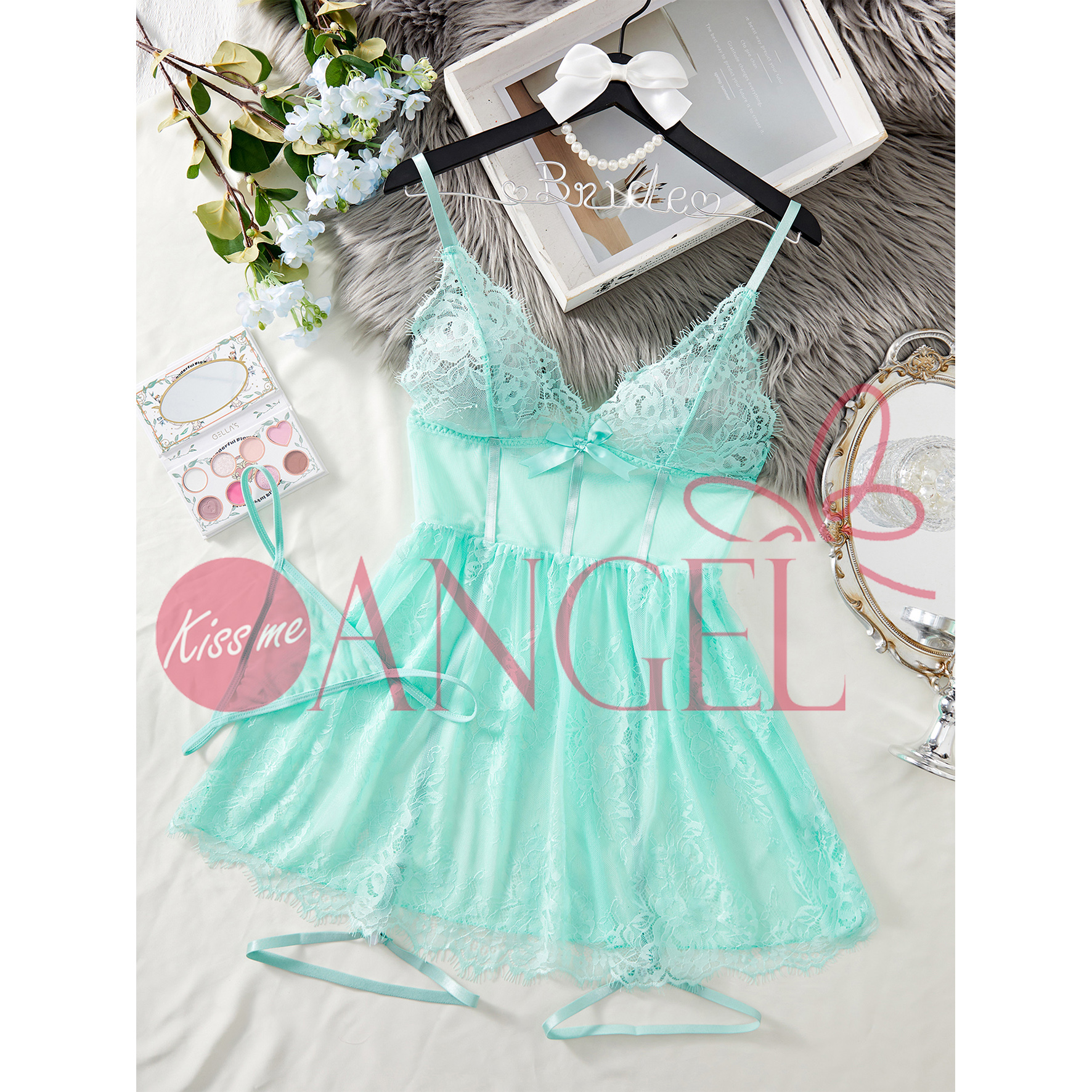 KISS ME ANGEL Sexy Women Light Green Bow Mesh Hollow Out Elelash Design  Trim With Garter Belt Hot Babydoll Sexy Nighty Lingerie| Alibaba.com
