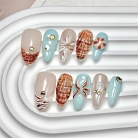 Faux ongles en acrylique 3D pour l'été, plage, haute qualité, 100% faits à la main, courts, en forme d'amande, à poser, 10 pièces, brillants, réutilisables