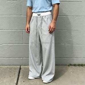 Pantalon de survêtement gris pour homme, coupe large, taille mi-haute, cordon de serrage, décontracté, ample, 100 % coton respirant, idéal pour l'automne - Product Image 1