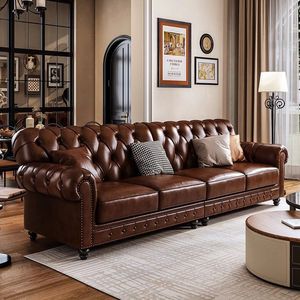 Set di Mobili in Legno Massello e Pelle in Stile Country Americano Retrò con 123 Combinazioni, Divano Chesterfield per Soggiorno con Imbottitura in Spugna - Product Image 3