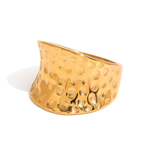 Exaggerated Wide Hammered Concave <b>Ring</b> 18k Stainless Steel Unisex Party Jewelry U Shape Gold Tone - Product Image 1