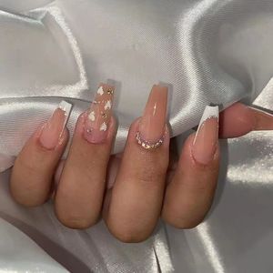 <span class=keywords><strong>Uñas</strong></span> Postizas Francesas <span class=keywords><strong>Largas</strong></span> con Brillo Dorado y Degradado Blanco, Diseño Acrílico, <span class=keywords><strong>Uñas</strong></span> Falsas con Diamantes para Mujer - Product Image 1