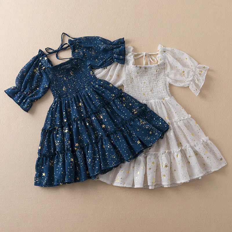 Zomer Gesmokte Jurk Voor Meisjes 3-8 Jaar Sequin Ruffle Korte Mouwen Kleding Kinderen Nieuwe Mode Chiffon Party Prinses jurk