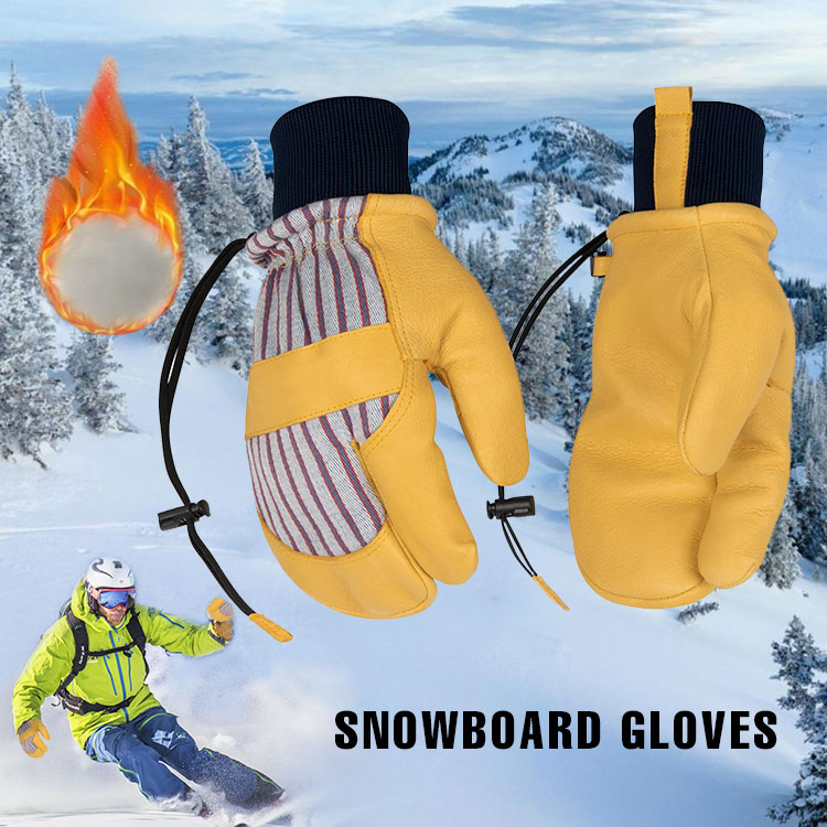 High Quality Warm Flexible Wear-Resistant Ski Gloves Full Textured Knit Wrist Cuff Thermal Insulation Leather Ski Mittens