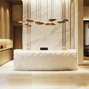 เคาน์เตอร์ต้อนรับทรงสี่เหลี่ยมผืนผ้า CR030 หรูหรา ดีไซน์คล้ายหิน ทำจาก FRP พร้อมไฟสร้างบรรยากาศ ป้องกันรอยขีดข่วน เหมาะสำหรับสำนักงาน ร้านเสริมสวย และเคาน์เตอร์คิดเงิน - Product Image 1