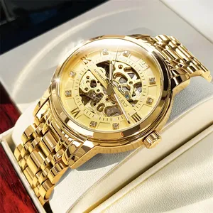OLEVS 9901 jam tangan Skeleton pria, arloji kasual tahan air, jam tangan mekanis otomatis, jam tangan 2024 baja hitam untuk pria