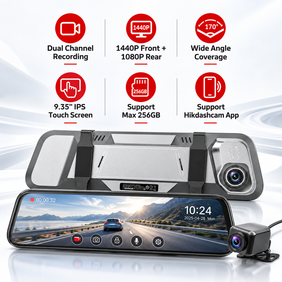 Auto Touch Screen Hikvision 10 Inch Touch Screen Streaming Media Dash Cam 1440P+1080P ...