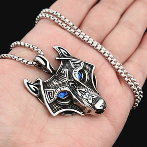 Yunnique-collar con colgante de cabeza de lobo vikingo de acero inoxidable con ojos azules para hombre, joyería de regalo - Product Image 4