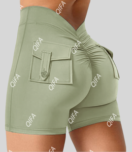 Pantalones cortos ajustados con cintura en V para Mujer, pantalones cortos de <span class=keywords><strong>Yoga</strong></span> con botones para levantar la cadera, novedad - Product Image 4