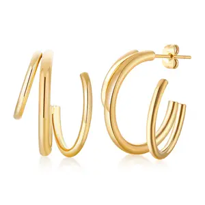 Newest Statement Triple Hoop Earrings For Women Asymmetric 3 Bar Tube Hoops Stainless Steel Gold Filled