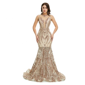 Sexy da donna con scollo rotondo senza maniche gonna trasparente con motivo a sirena abiti da sera in pizzo nero dorato - Product Image 4