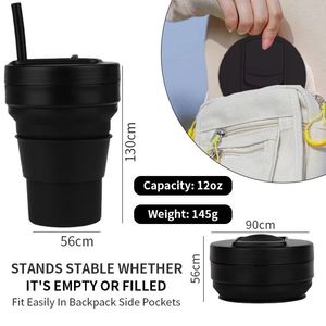 Mug de voyage pliable personnalisé en silicone souple, tasse à café portable noire avec logo - Product Image 6