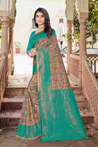 Traditional <b>Green</b> <b>Silk</b> Saree With Floral Print And Golden Border For Wedding And Festival Wear Women - Product Image 4
