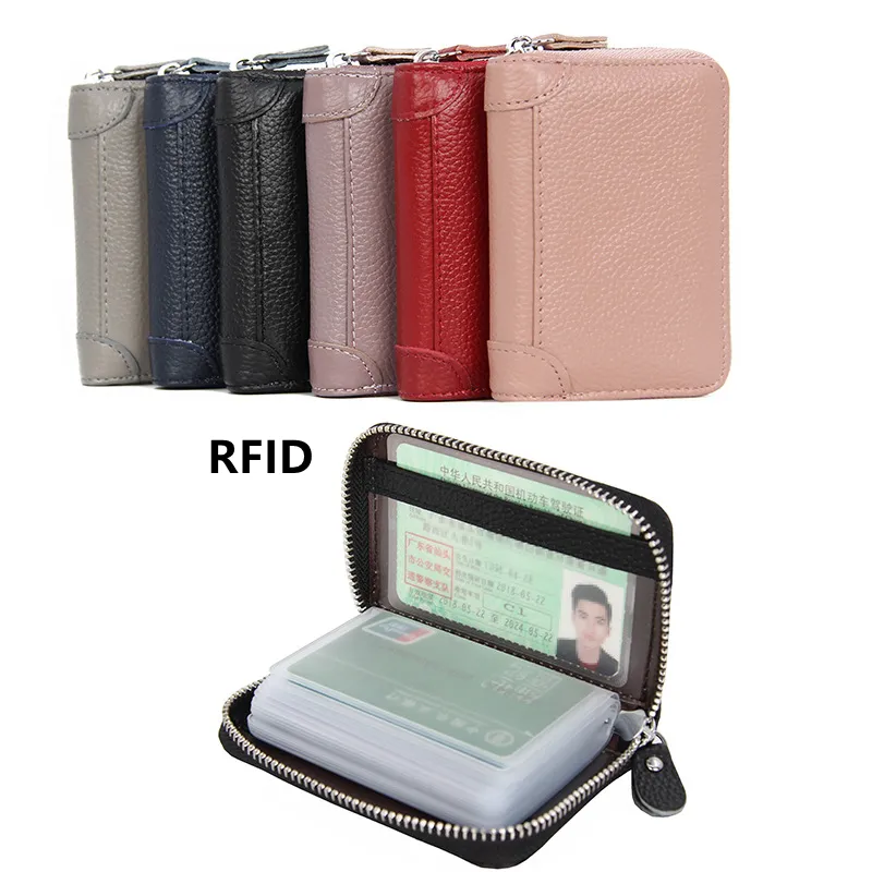 사용자 정의 Fashional 진짜 가죽 이름 Id 홀더 Rfid 차단 여러 지퍼 은행 신용 카드 홀더 지갑 케이스