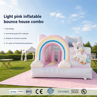 Château gonflable licorne arc-en-ciel avec toboggan et trampoline rose et blanc pour enfants, idéal pour les fêtes en extérieur, avec souffleur, en PVC commercial