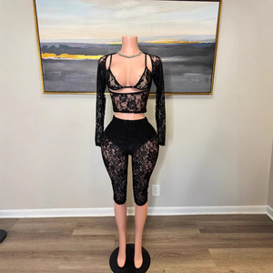 PEEQI New Trendy Women Outfits Lace <strong>See</strong> <strong>Through</strong> <strong>Top</strong> and Shorts 2 Piece Set Sexy Y2k Two Piece Summer 2025 - Product Image 5