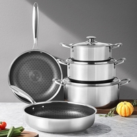 8 Buah Set Peralatan Masak Baja Tahan Karat 316 Motif Sarang Lebah Anti Lengket dengan Panci Penggorengan dan Panci Sup dengan Tutup Kaca