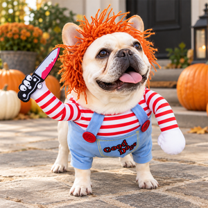 Costume d'Halloween Chucky pour chien : Chemise rayée en coton avec gilet, design mignon et respirant, tenue d'été pour petits chiens - Product Image 1