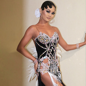 Costume de danse latine Vennystyle - Robes en Spandex/Coton avec franges en strass et embellissements en plumes, coupe ajustée |   Adulte - Product Image 1
