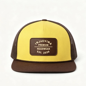 Custom Yellow Dark Brown Two Tone 6 Panel Trucker Cap Debossed Leather Patch Logo <b>Flat</b> Brim Plastic Snapback Trucker <b>Hat</b> - Product Image 1
