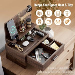 Wooden Bedside Table Storage <b>Rack</b> With Wireless Charging For Phone Watch <b>Glasses</b> Organization Nightstand - Product Image 2