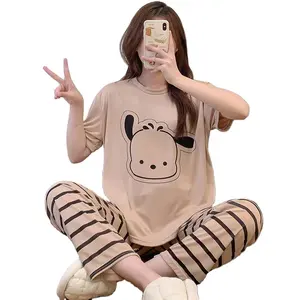 Best price summer Adult nightclothes cartoon pyjamas women's sleepwear home wear 2 piece set short sleeve trouser home pajamas