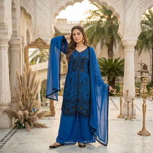 Nouvelle collection de créateurs : Ensemble haut-pantalon et dupatta en crêpe de soie française, entièrement cousu, prêt-à-porter, haut long et pantalon Farshi - Product Image 1