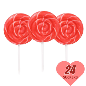 Paquete Individual de 24 Paletas Patrióticas Rojas con Remolino, Sabor a Fruta, Cereza, Certificadas Halal, con Diseño de Cubo, Listas para Comer - Product Image 1