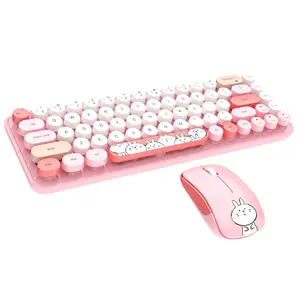 Conjunto de teclado e mouse sem fio para presente de meninas e crianças com teclas redondas e desenho de moda mini