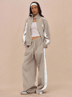 Ensemble tendance décontracté pour femme : veste zippée à rayures color block et pantalon à lacets