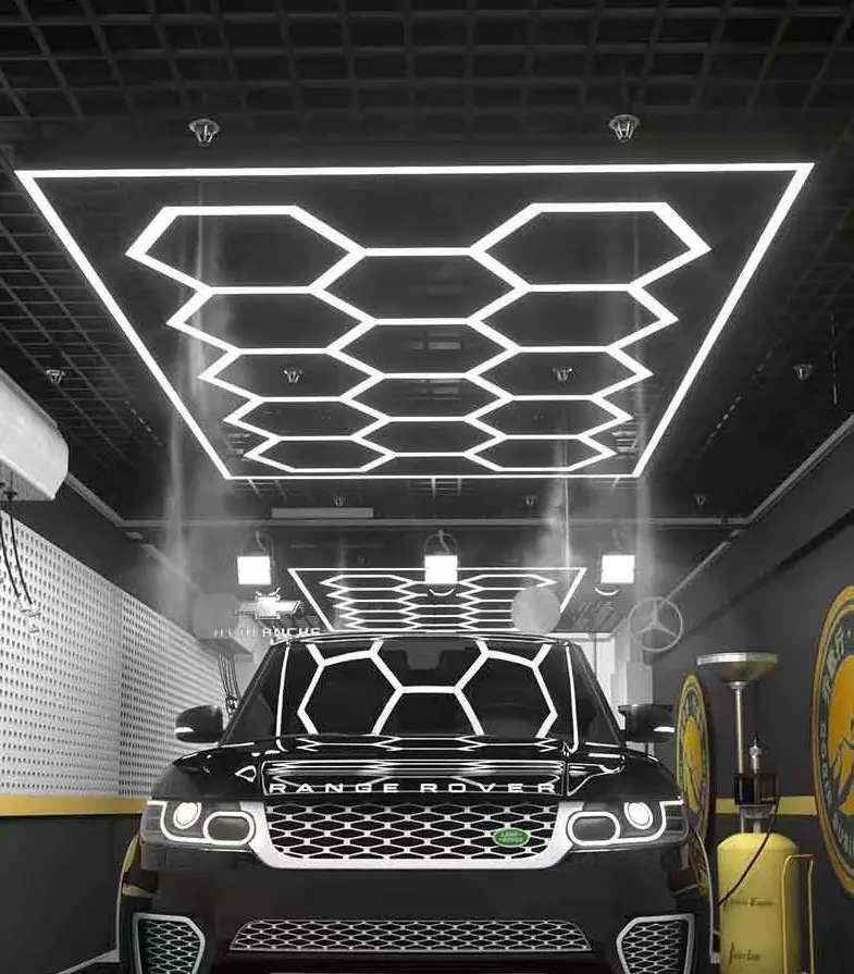 E-top vendita diretta in fabbrica esagonale 14 dettagli del soffitto a griglia luce a LED a nido d'ape per esposizione automatica commerciale luce da lavoro per Garage a LED