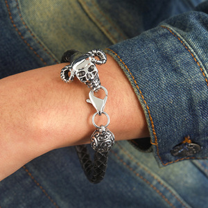 Skull Bracelet Leather Cord Braided Alloy <b>Bangle</b> Tibetan Silver Skeleton Design Gift Jewelry <b>for</b> <b>Men</b> Women - Product Image 3