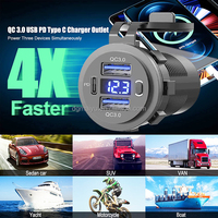 Voltmètre LED 12-24V PD QC3.0 Chargeur USB double port Prise allume-cigare Charge rapide Protection IP65 pour voiture, camion, marine