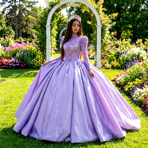Mc041 Exquisite Lavender Ball Gown <b>Floor</b>-Length Organza Prom Beaded Floral Lace Applique Shiny Satin Quinceanera Party Natural - Product Image 1