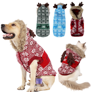 Christmas Pet Coat With Antler Hat Hooded Dog Sweater Plaid Knit Jacket <b>for</b> <b>Cats</b> and Dogs - Product Image 1