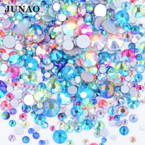 JUNAO卸売40色非ホットフィックスストラスラウンドクリスタルストーンミックスサイズクリスタルABフラットバックネイルガラスラインストーン