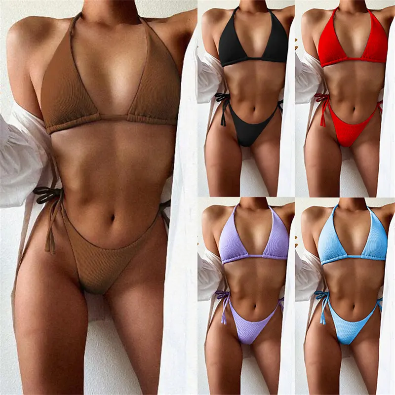 2023 traje de baño personalizado brasileño femenino Biquini traje de baño Color sólido Tanga Bikini conjunto Push Up sujetador playa traje de baño