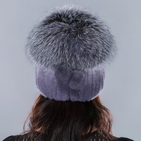 Bonnets en fourrure de lapin Rex véritable pour femmes Bonnet en fourrure véritable avec grand pompon en fourrure de renard argenté Chapeaux chauds et moelleux