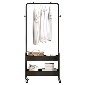 Two tier Metal cloth hanging rack with metal basket Rolling Storage Cart Clothes Organizer Coat Rack Storage Stand on Wheels,