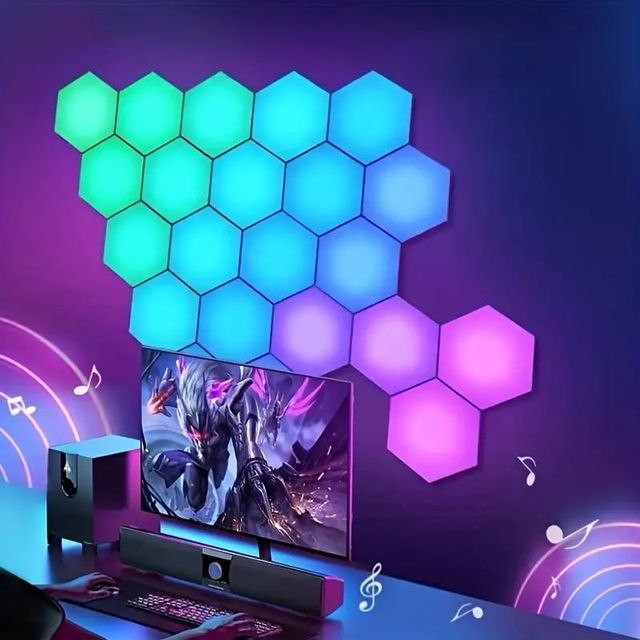 6-pack Smart App Control RGB Colors Hexagonal Wall Light Panels Modular Mini LED Lights for Home for Gaming Setup Living Plug-In