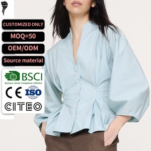 Camicetta da <span class=keywords><strong>donna</strong></span> <span class=keywords><strong>azzurra</strong></span> con peplum, nuova collezione 2026, con colletto alla coreana, maniche a sbuffo, vita arricciata e bottoni, ideale per l'ufficio e il tempo libero - Product Image 1