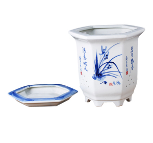 Pot de fleur hexagonal en porcelaine bleu et blanc peint à la main chinois avec plateau pot de fleur extérieur fleur en céramique de table <span class=keywords><strong>po</strong></span> - Product Image 3
