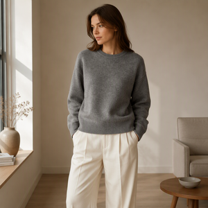 Maglione Invernale da Uomo a Collo Tondo in Mohair, Lavorazione a <span class=keywords><strong>Maglia</strong></span> 9 Gauge, Pullover Grigio Mélange con Polsini a Costine, Vestibilità Comoda, Logo Frontale, OEM ODM - Product Image 4