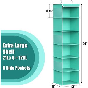 6 Shelf Hanging Closet Organizer Turquoise Fabric <b>Storage</b> For Behind Doors Or Walls Neatening Clothes - Product Image 3