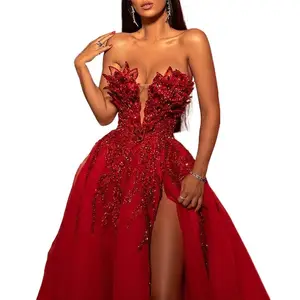 ZISE Guangzhou Factory Wholesale Oem Unique High Quality Sequin High Slit Sexy Red Prom 2022 Luxury Evening Dresses For Women