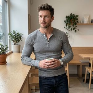 Maglietta <span class=keywords><strong>Termica</strong></span> Henley da Uomo a Maniche Lunghe in Maglia Waffle, Stile Old Money, con Scollo a V - Product Image 4
